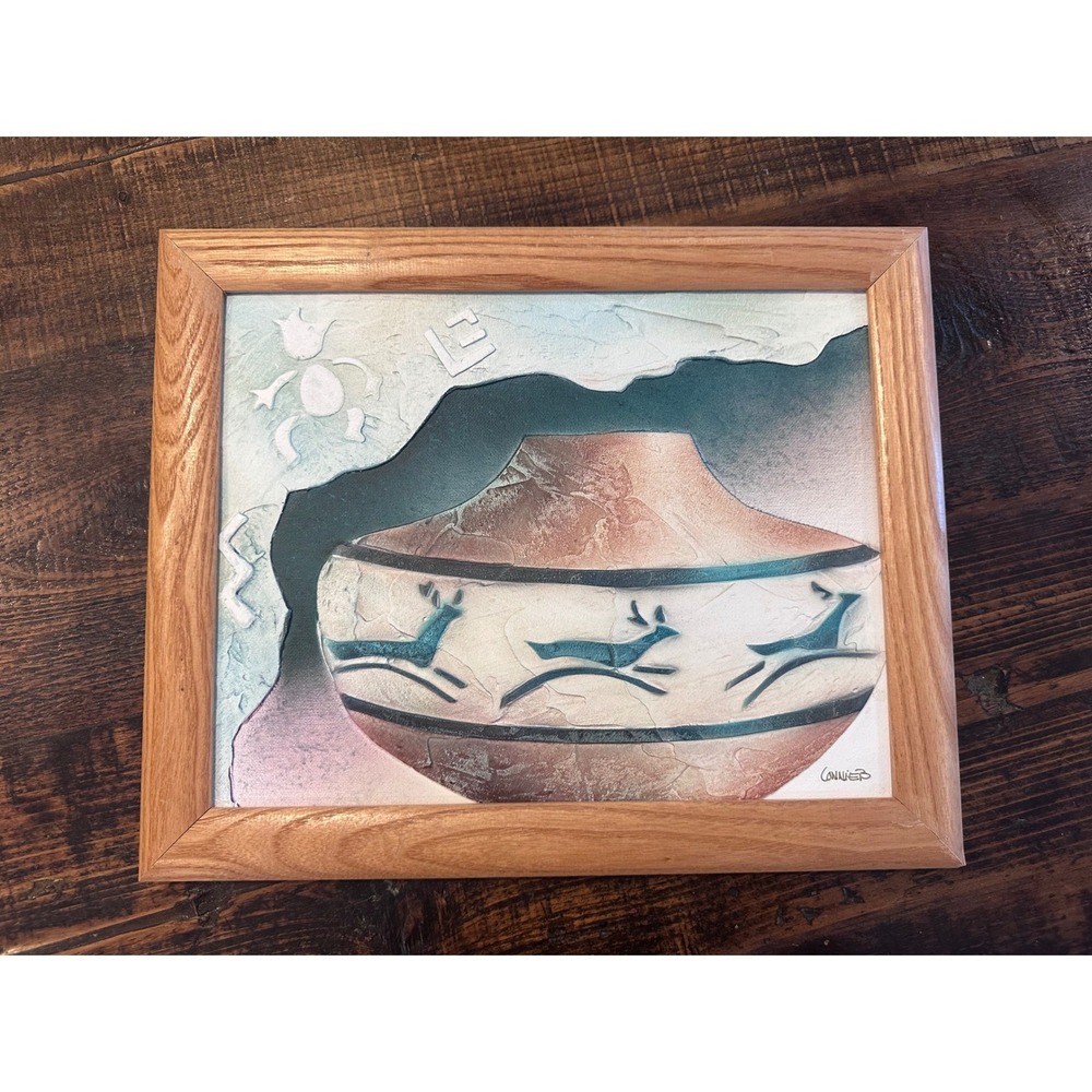 Connie Baker Pueblo Deer Framed Wall Art Southwest Stucco Indian Pottery14x12